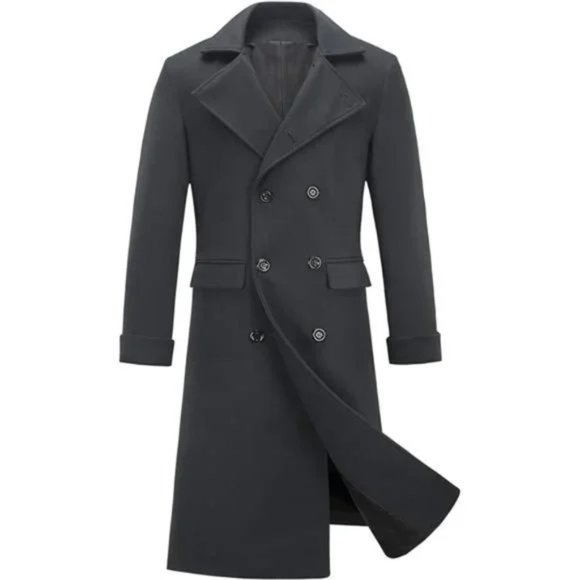 Men's Long Trench Coat Double Breasted Dark Grey